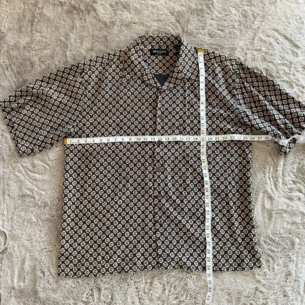 Brandini Men’s XXL 100% Silk Button-Down Shirt Black Beige Geometric Print Aloha